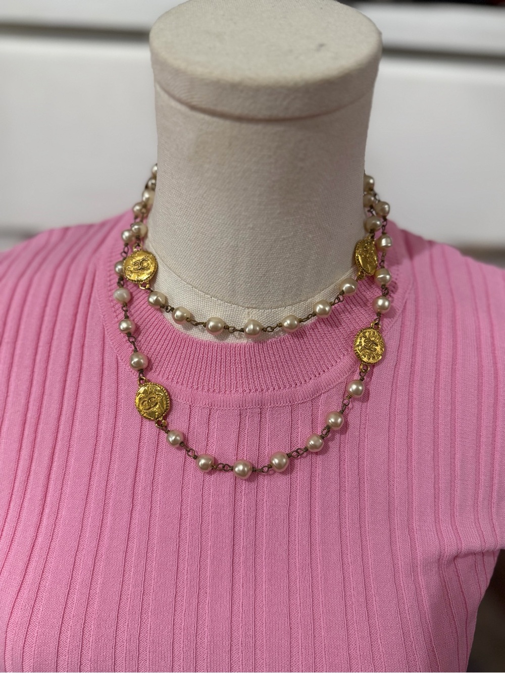 Chanel Gold Coin & Pearl Layered Necklace - Pink